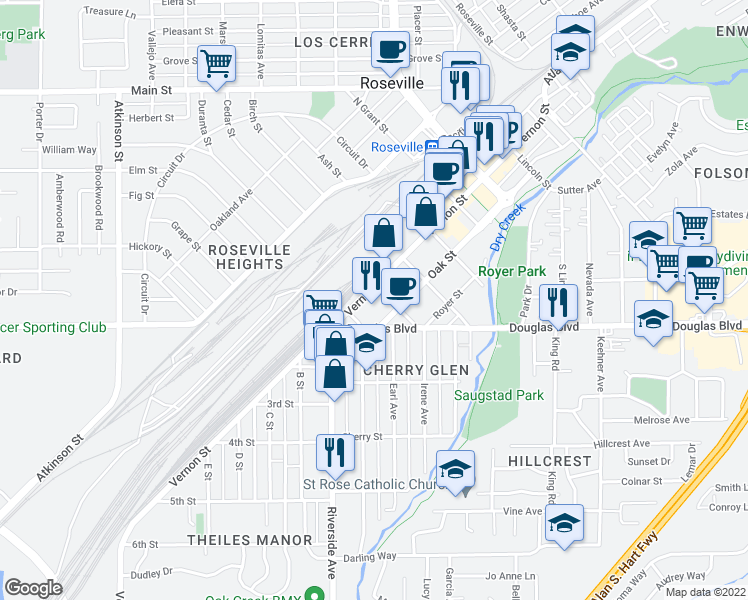 map of restaurants, bars, coffee shops, grocery stores, and more near 725 Vernon Street in Roseville
