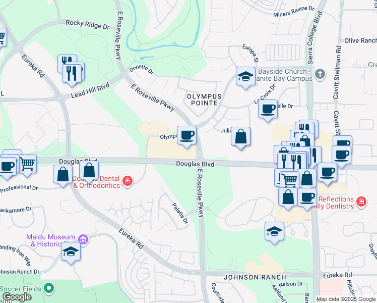 map of restaurants, bars, coffee shops, grocery stores, and more near 2999 Douglas Boulevard in Roseville