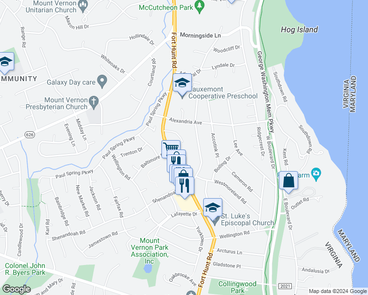 map of restaurants, bars, coffee shops, grocery stores, and more near 1301 Namassin Road in Alexandria