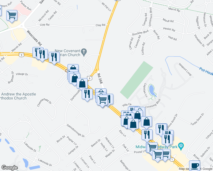 map of restaurants, bars, coffee shops, grocery stores, and more near 16961 Kings Highway in Lewes