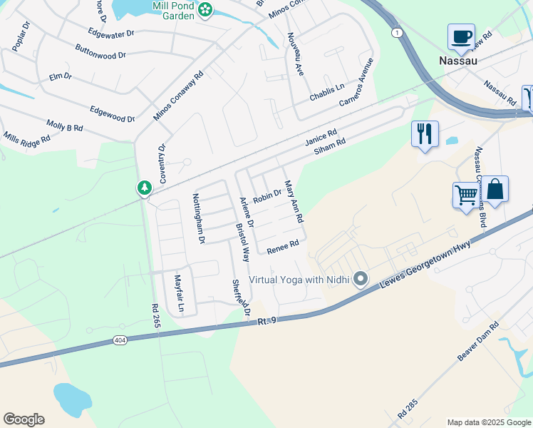 map of restaurants, bars, coffee shops, grocery stores, and more near 31598 Oak Court in Lewes