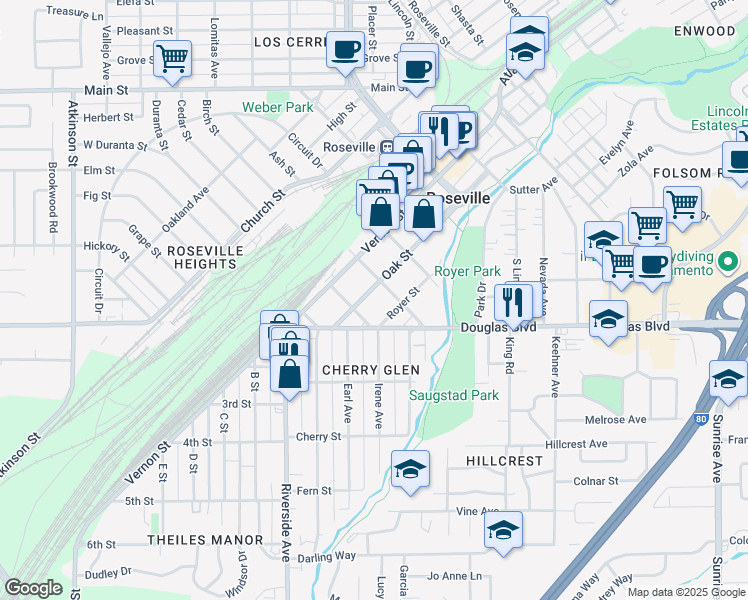 map of restaurants, bars, coffee shops, grocery stores, and more near 615A Oak St in Roseville