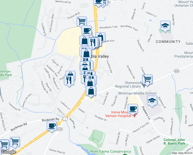 map of restaurants, bars, coffee shops, grocery stores, and more near 3011 Colonial Springs Court in Alexandria