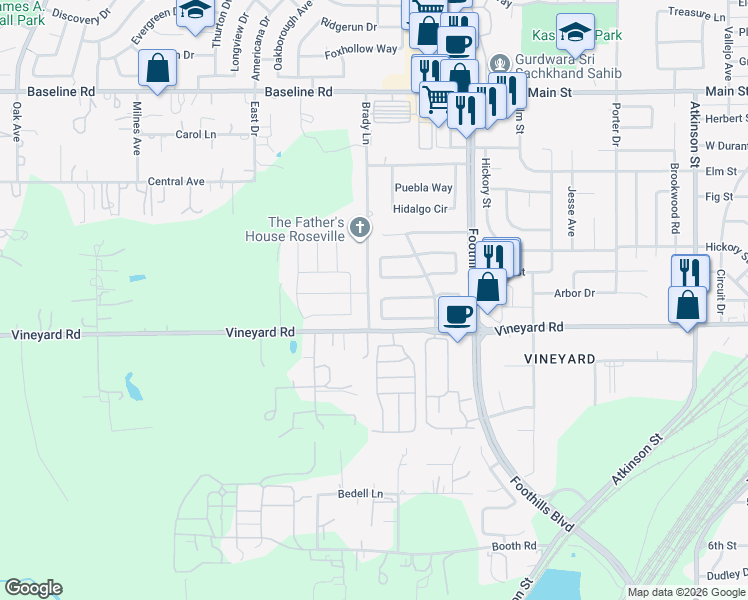 map of restaurants, bars, coffee shops, grocery stores, and more near 1333 Champagne Circle in Roseville