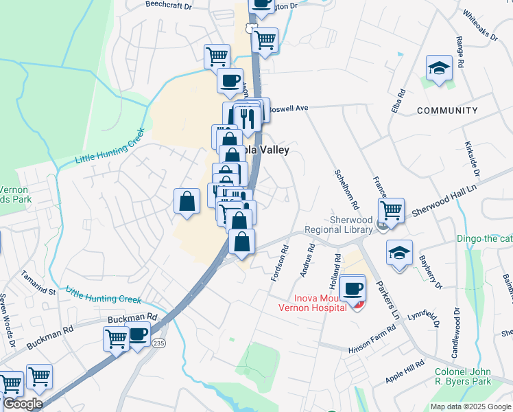 map of restaurants, bars, coffee shops, grocery stores, and more near 3011 Colonial Springs Court in Alexandria