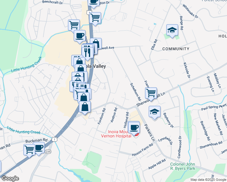 map of restaurants, bars, coffee shops, grocery stores, and more near 7820 Belvedere Drive in Alexandria