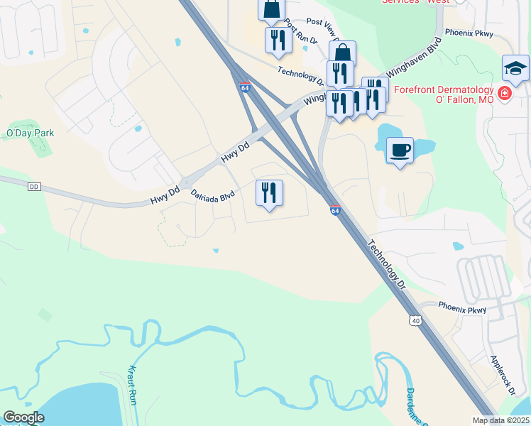 map of restaurants, bars, coffee shops, grocery stores, and more near 901 Caledonia Drive in O'Fallon