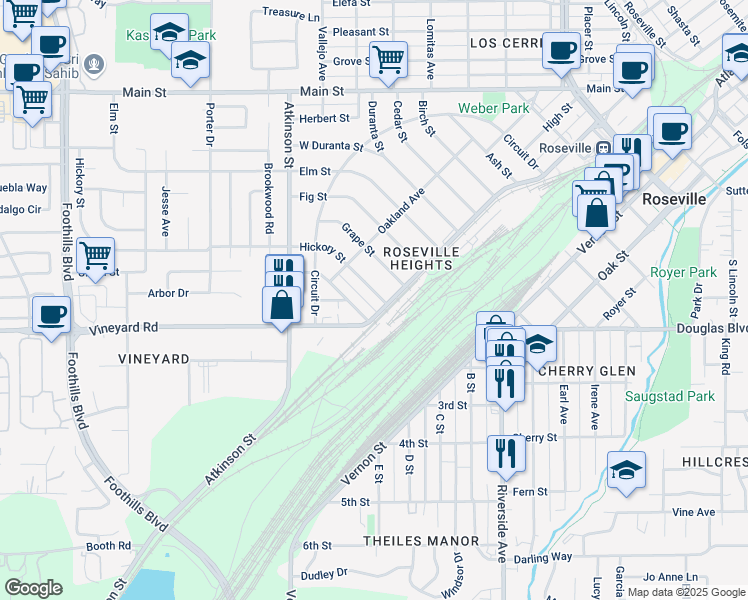 map of restaurants, bars, coffee shops, grocery stores, and more near 113 Hickory Street in Roseville