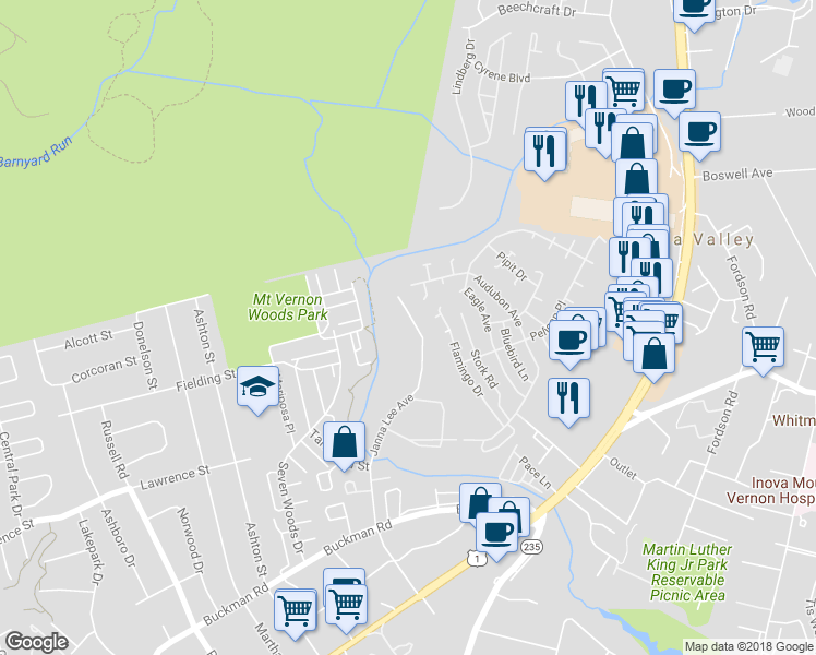 map of restaurants, bars, coffee shops, grocery stores, and more near 7930 Janna Lee Avenue in Alexandria