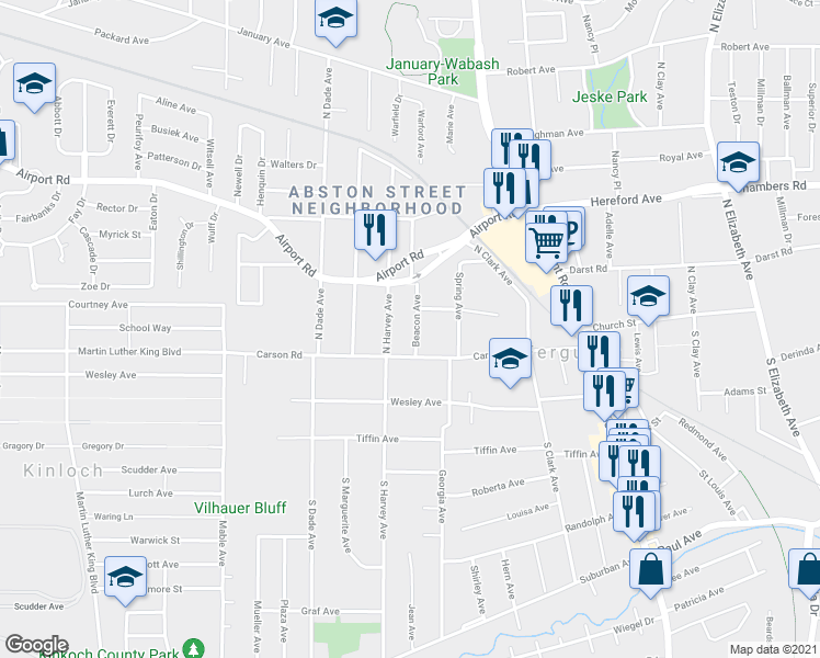 map of restaurants, bars, coffee shops, grocery stores, and more near 29 Beacon Avenue in Ferguson