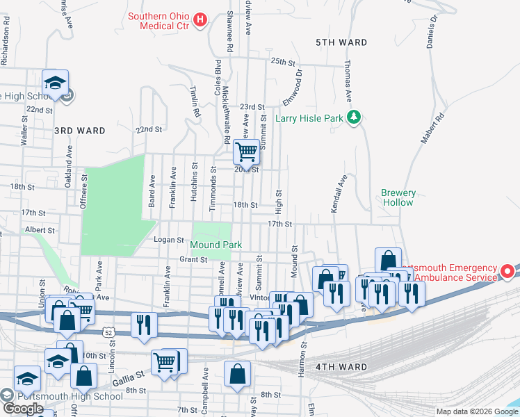 map of restaurants, bars, coffee shops, grocery stores, and more near 2028 18th Street in Portsmouth