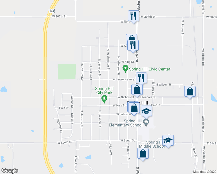 map of restaurants, bars, coffee shops, grocery stores, and more near 206 North Washington Street in Spring Hill