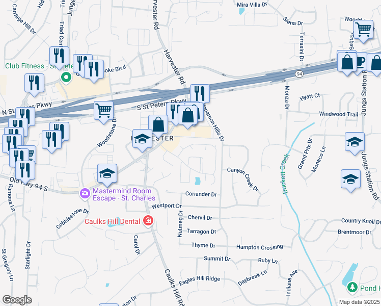 map of restaurants, bars, coffee shops, grocery stores, and more near 1707 Summergate Circle in St. Peters