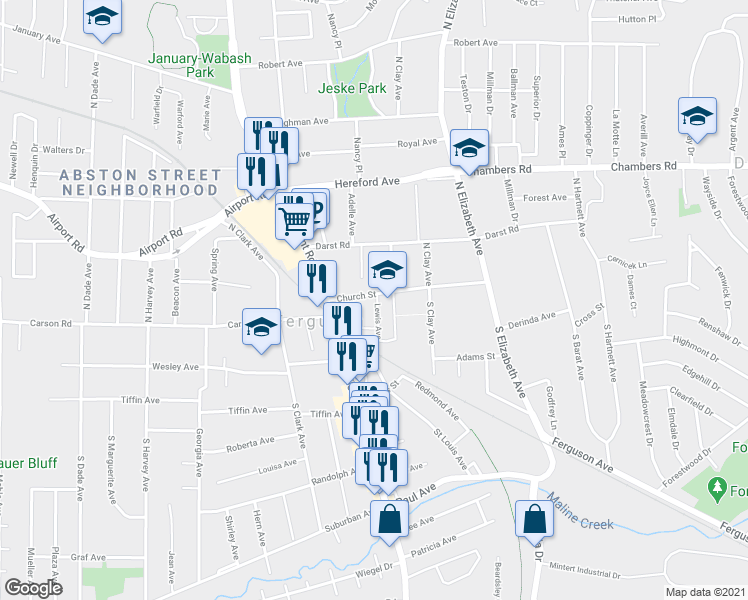 map of restaurants, bars, coffee shops, grocery stores, and more near 126 Church Street in Ferguson