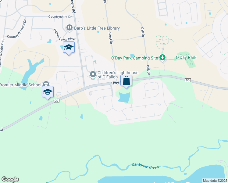 map of restaurants, bars, coffee shops, grocery stores, and more near 105 Fox Haven Drive in Dardenne Prairie