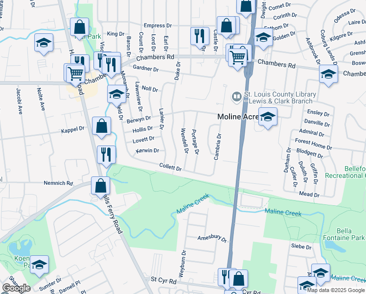 map of restaurants, bars, coffee shops, grocery stores, and more near 9741 Wendell Drive in St. Louis