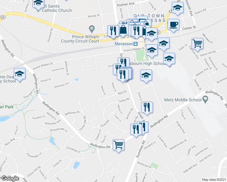 map of restaurants, bars, coffee shops, grocery stores, and more near 9720 Aspen Place in Manassas