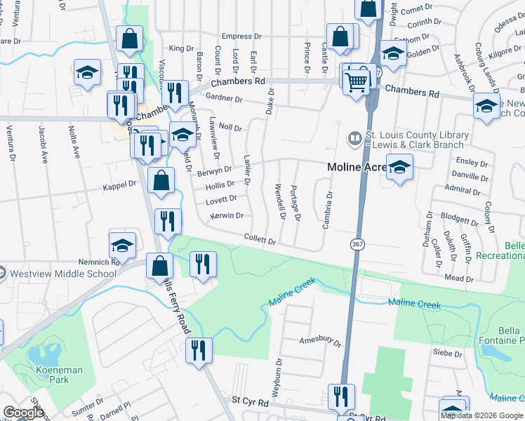 map of restaurants, bars, coffee shops, grocery stores, and more near 9743 Duke Drive in St. Louis