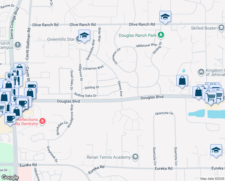map of restaurants, bars, coffee shops, grocery stores, and more near 4731 Rolling Oaks Drive in Granite Bay