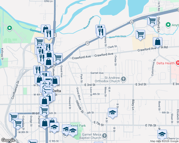 map of restaurants, bars, coffee shops, grocery stores, and more near 664 Garnet Avenue in Delta