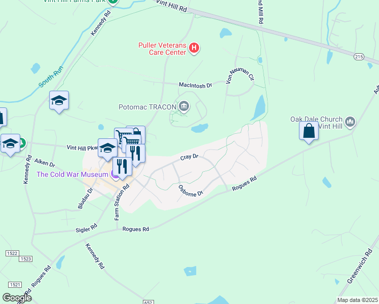 map of restaurants, bars, coffee shops, grocery stores, and more near 4076 Cray Drive in Warrenton