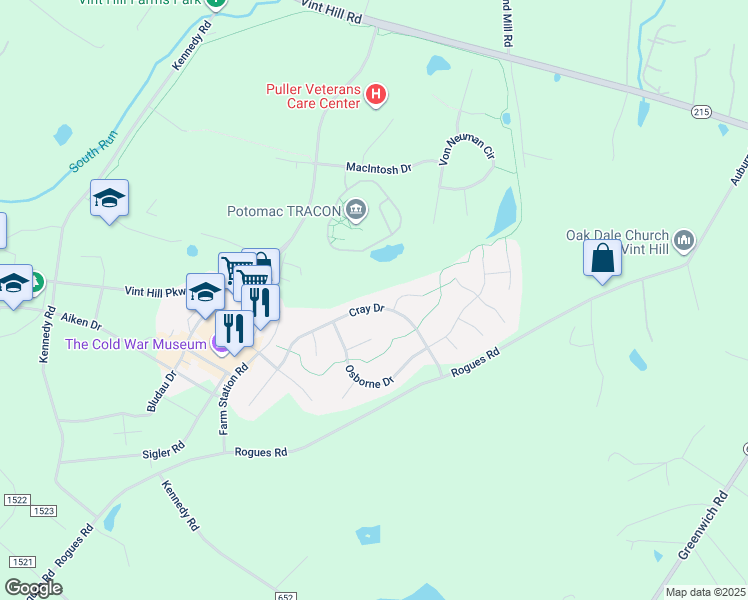 map of restaurants, bars, coffee shops, grocery stores, and more near 4070 Cray Drive in Warrenton