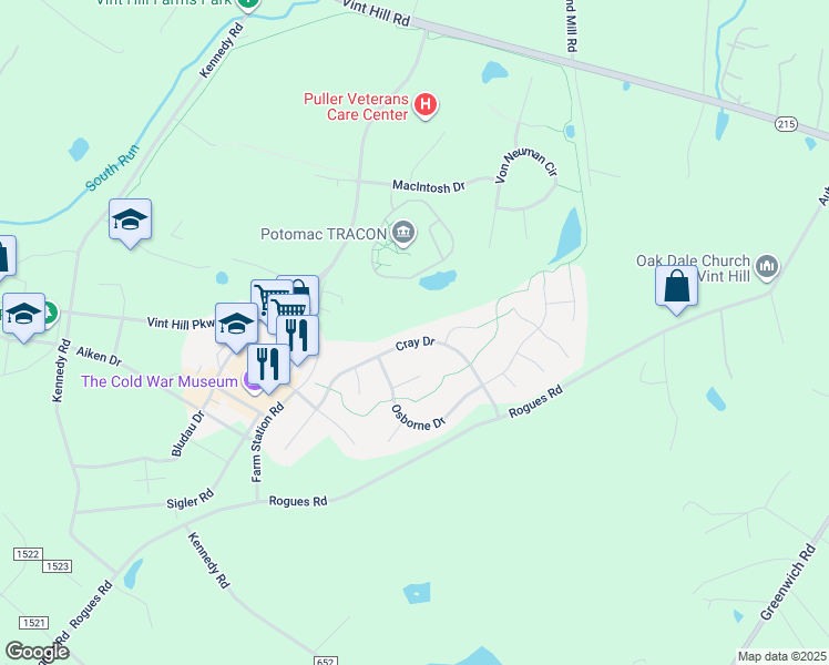 map of restaurants, bars, coffee shops, grocery stores, and more near 4076 Cray Drive in Warrenton