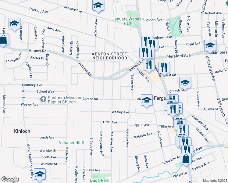 map of restaurants, bars, coffee shops, grocery stores, and more near 26 North Harvey Avenue in Ferguson