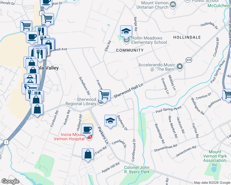 map of restaurants, bars, coffee shops, grocery stores, and more near 2410 Sherwood Hall Lane in Alexandria