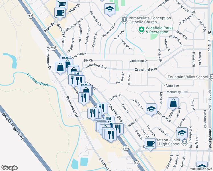 map of restaurants, bars, coffee shops, grocery stores, and more near 441 Pucket Circle in Colorado Springs