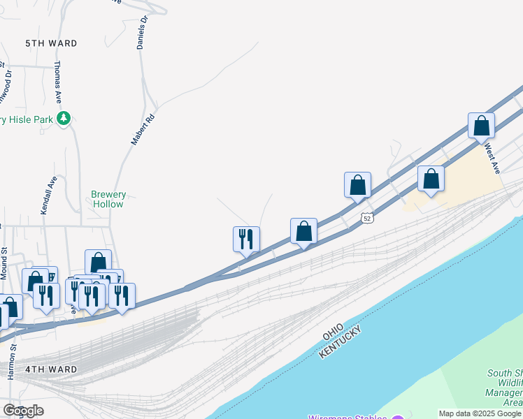 map of restaurants, bars, coffee shops, grocery stores, and more near 1621 Brunner Street in Portsmouth
