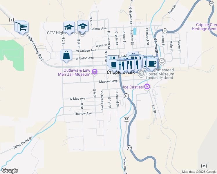 map of restaurants, bars, coffee shops, grocery stores, and more near 101 Warren Avenue in Cripple Creek