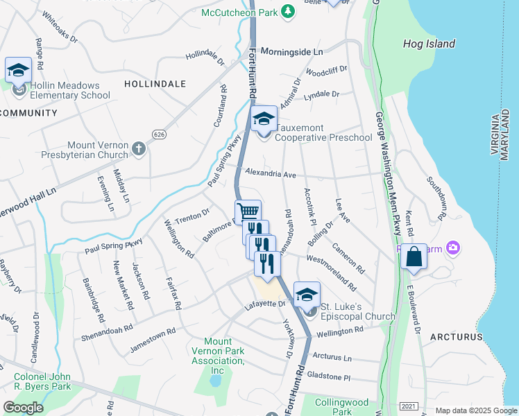 map of restaurants, bars, coffee shops, grocery stores, and more near 1305 Namassin Road in Alexandria