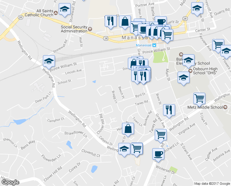 map of restaurants, bars, coffee shops, grocery stores, and more near 9753 Bragg Lane in Manassas