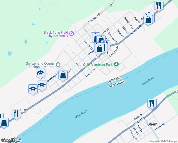 map of restaurants, bars, coffee shops, grocery stores, and more near 201 Union Street in Vevay