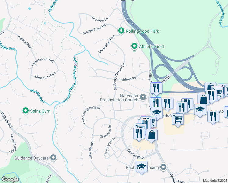 map of restaurants, bars, coffee shops, grocery stores, and more near 7707 Mulberry Bottom Lane in Springfield