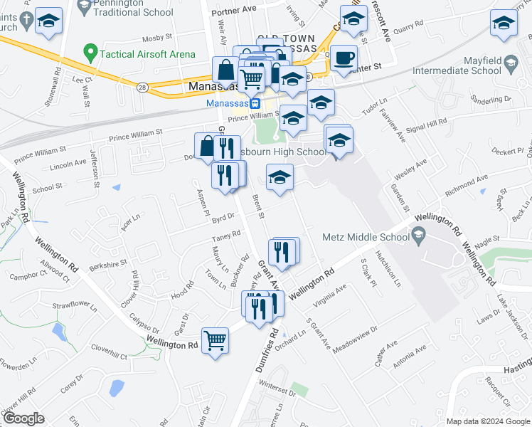 map of restaurants, bars, coffee shops, grocery stores, and more near 9701 Brent Street in Manassas