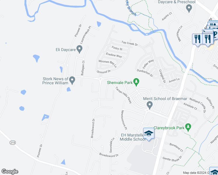 map of restaurants, bars, coffee shops, grocery stores, and more near 9769 Tombreck Court in Bristow