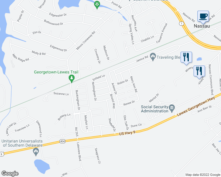 map of restaurants, bars, coffee shops, grocery stores, and more near 54 Bristol Way in Lewes