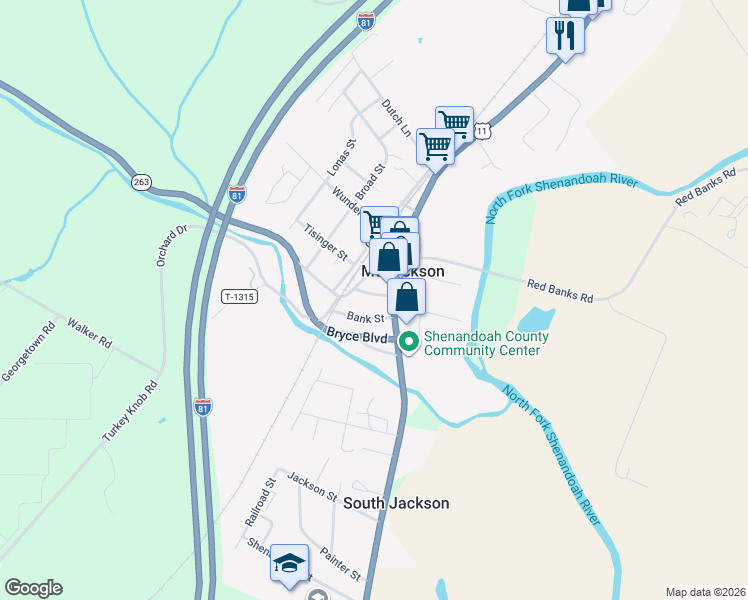 map of restaurants, bars, coffee shops, grocery stores, and more near 141 Orkney Drive in Mount Jackson