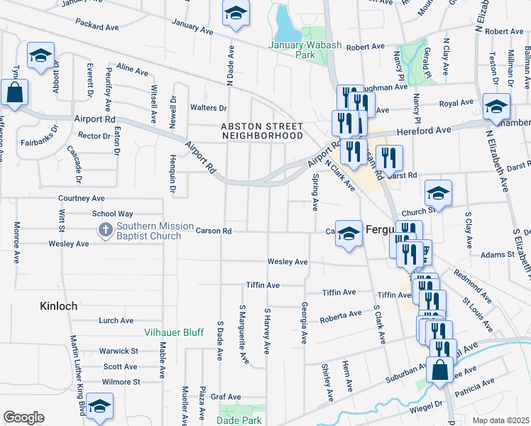 map of restaurants, bars, coffee shops, grocery stores, and more near 24 North Marguerite Avenue in Ferguson