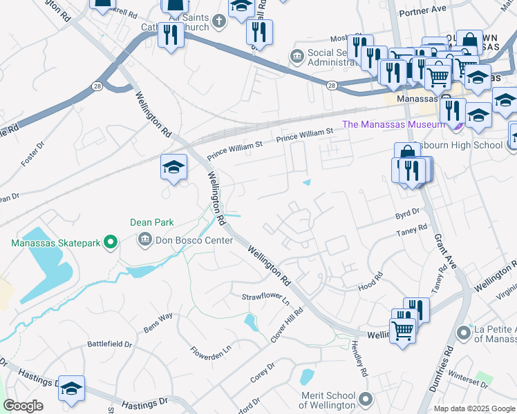 map of restaurants, bars, coffee shops, grocery stores, and more near 9525 McKinley Avenue in Manassas