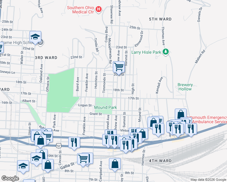 map of restaurants, bars, coffee shops, grocery stores, and more near 1934 18th Street in Portsmouth