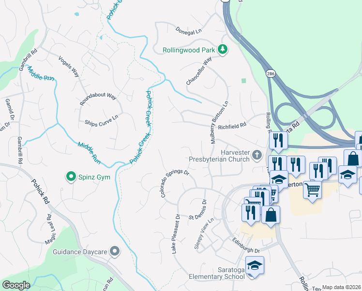 map of restaurants, bars, coffee shops, grocery stores, and more near 7802 New London Drive in Springfield