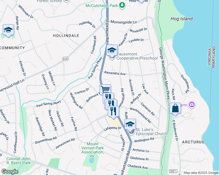 map of restaurants, bars, coffee shops, grocery stores, and more near 1305 Namassin Road in Alexandria