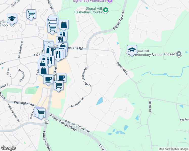 map of restaurants, bars, coffee shops, grocery stores, and more near 8061 Station Road in Manassas