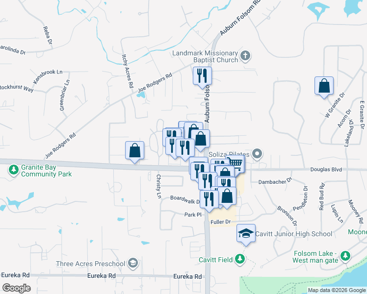 map of restaurants, bars, coffee shops, grocery stores, and more near 6873 Douglas Boulevard in Granite Bay