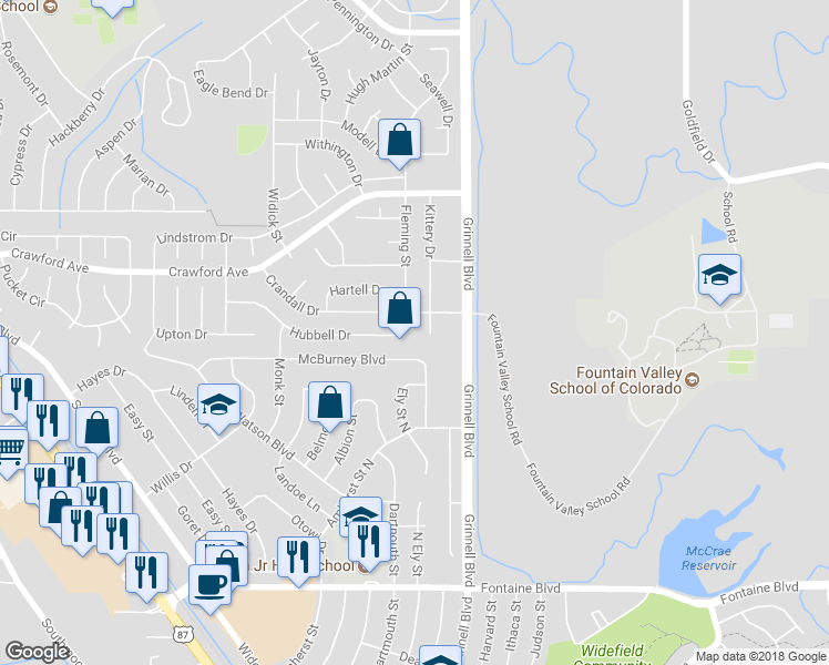 map of restaurants, bars, coffee shops, grocery stores, and more near 1115 Hubbell Drive in Colorado Springs