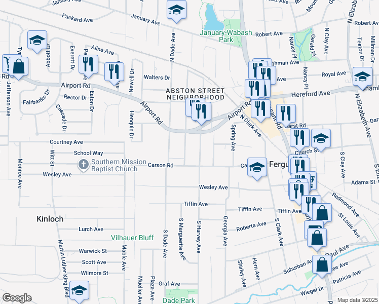 map of restaurants, bars, coffee shops, grocery stores, and more near 24 North Marguerite Avenue in Ferguson