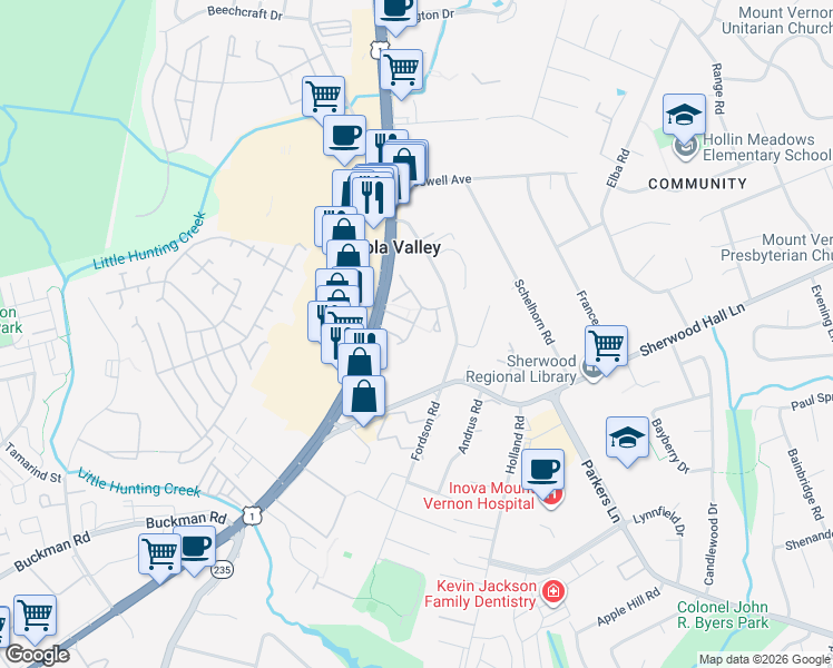 map of restaurants, bars, coffee shops, grocery stores, and more near 7827 Colonial Springs Boulevard in Alexandria